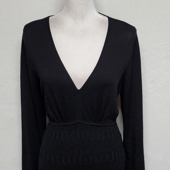 Vintage 90s Jones Wear Morticia Black Blousen Eyelet Knit V-neck Bodycon Dress - Picture 5 of 14